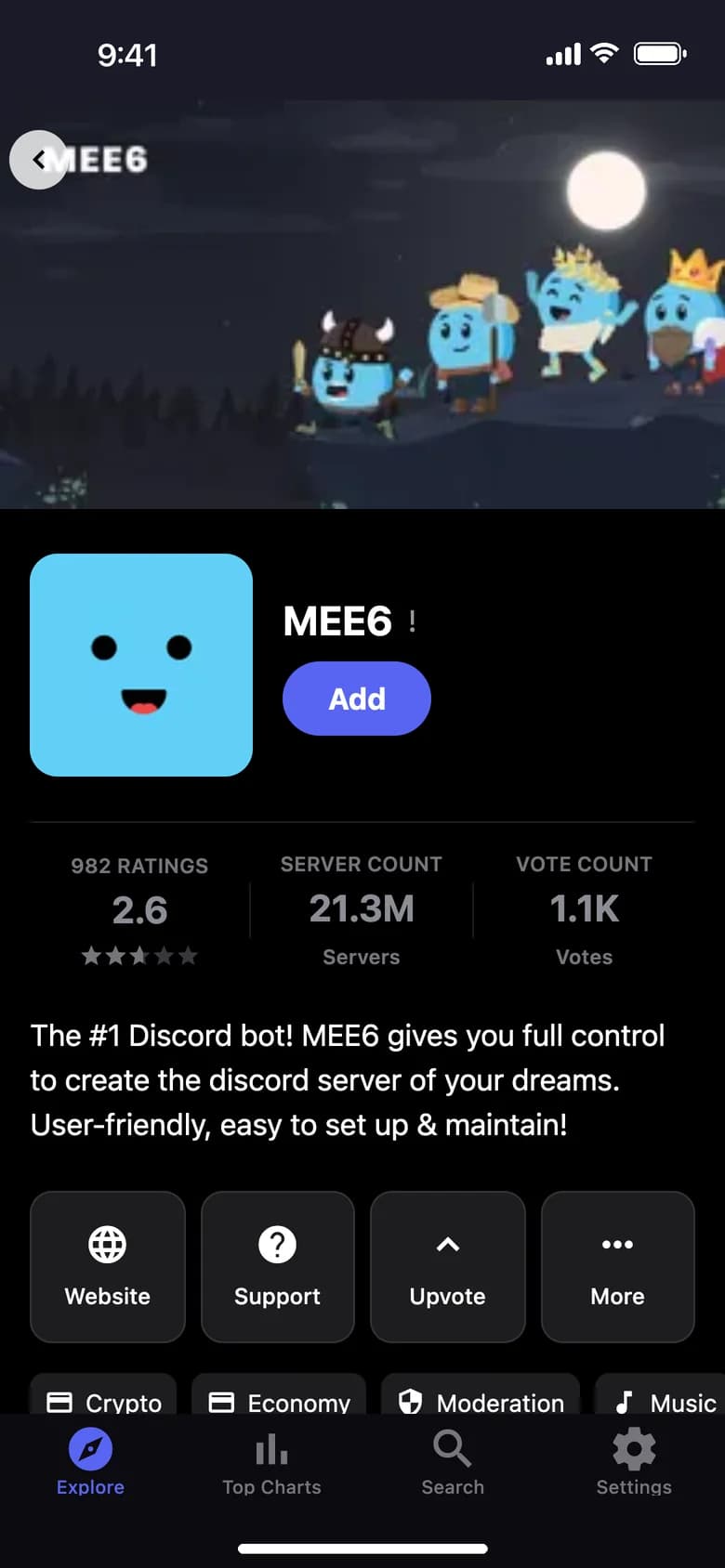 MEE6 bot page with rating, server count and votes