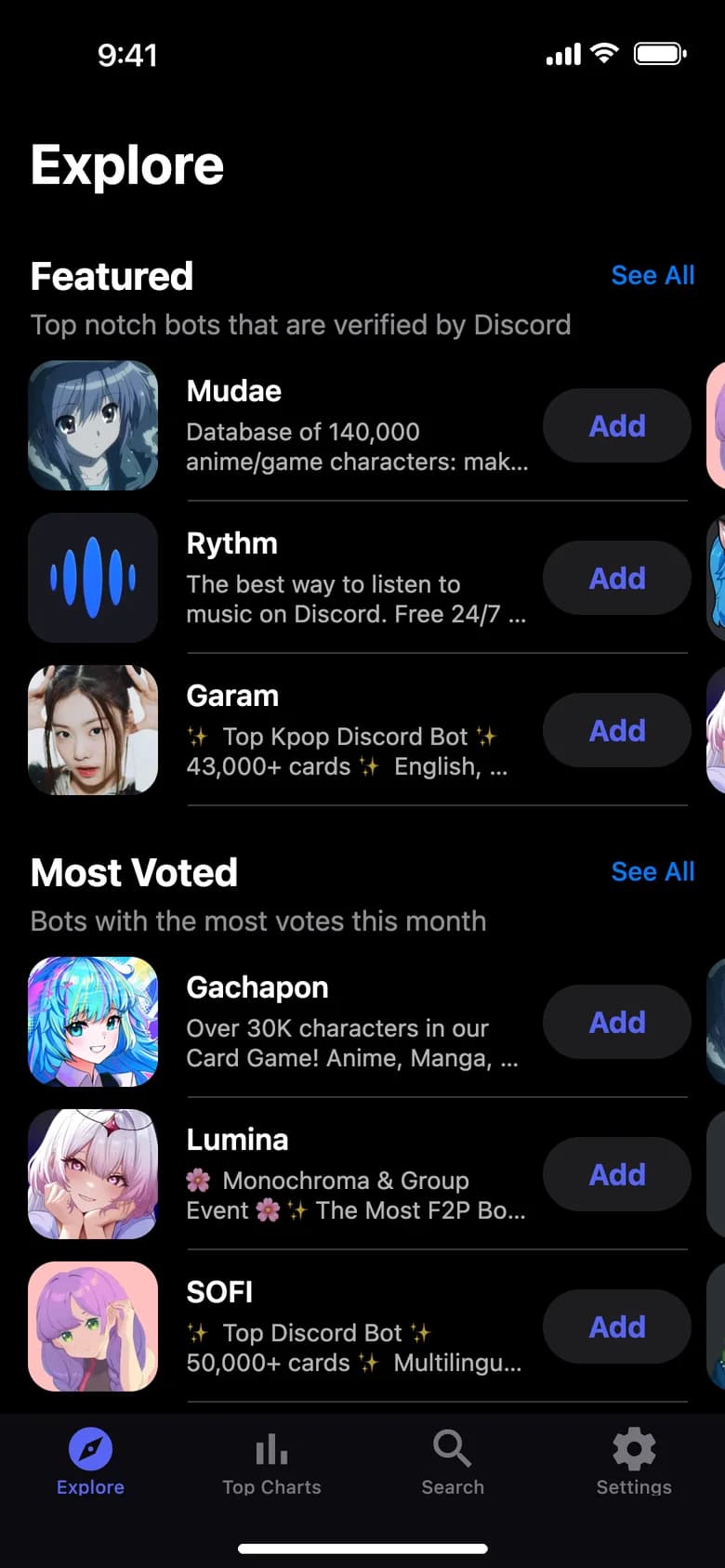 The Explore tab in Bots for Discord, showing featured and most-voted bots